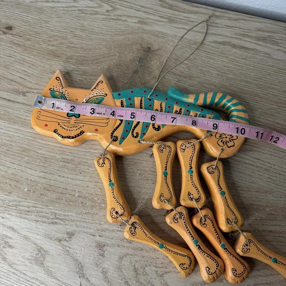 Cat Skeleton Wooden Hand Painted Orange & Turquoise Wind Chime Day Of‎ The Dead